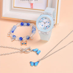 Butterfly Kids' Quartz Watch with Silicone Strap LED Light Bracelet Set