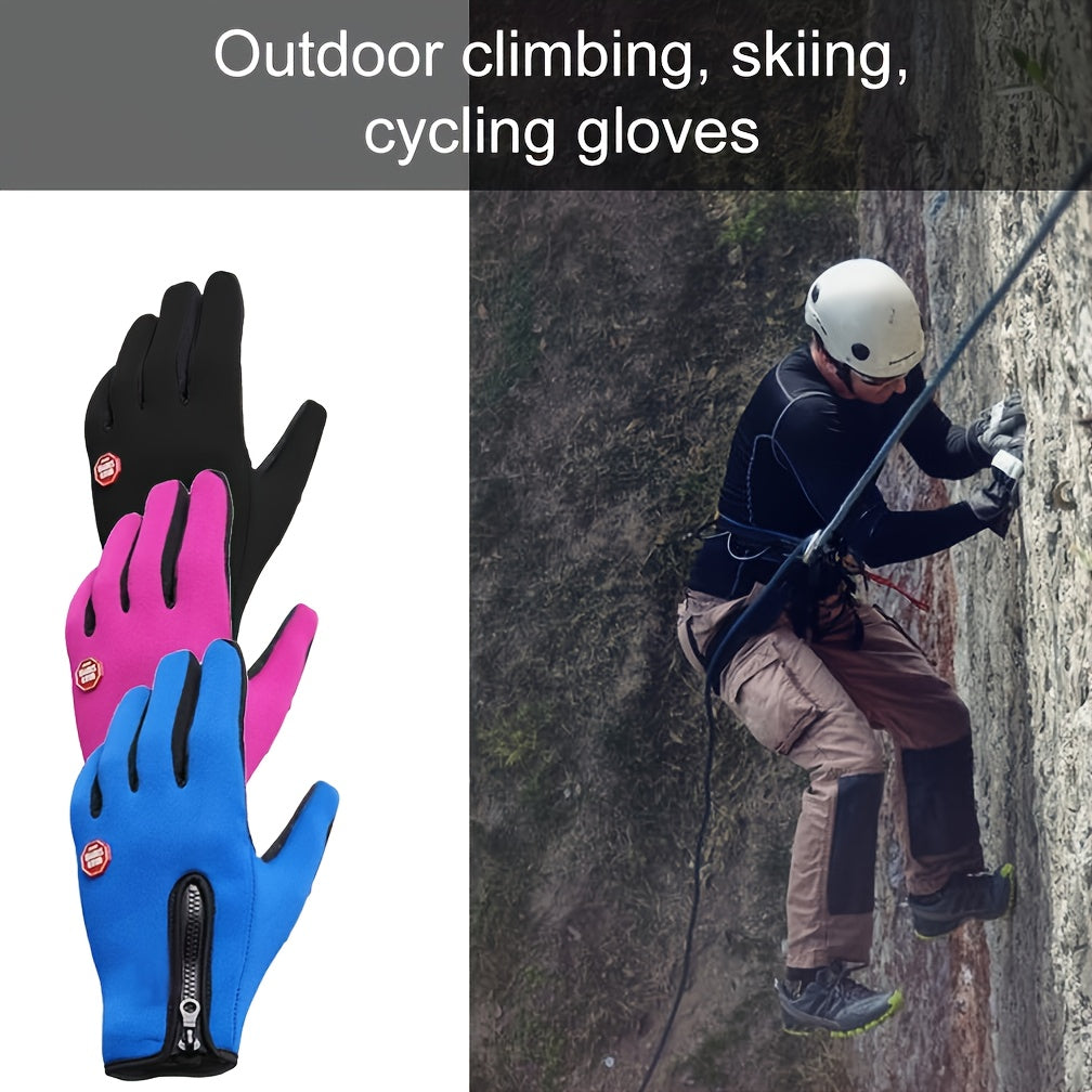 Warm Fleece Cycling Gloves with Touch Screen, Zipper - Outdoor Activities