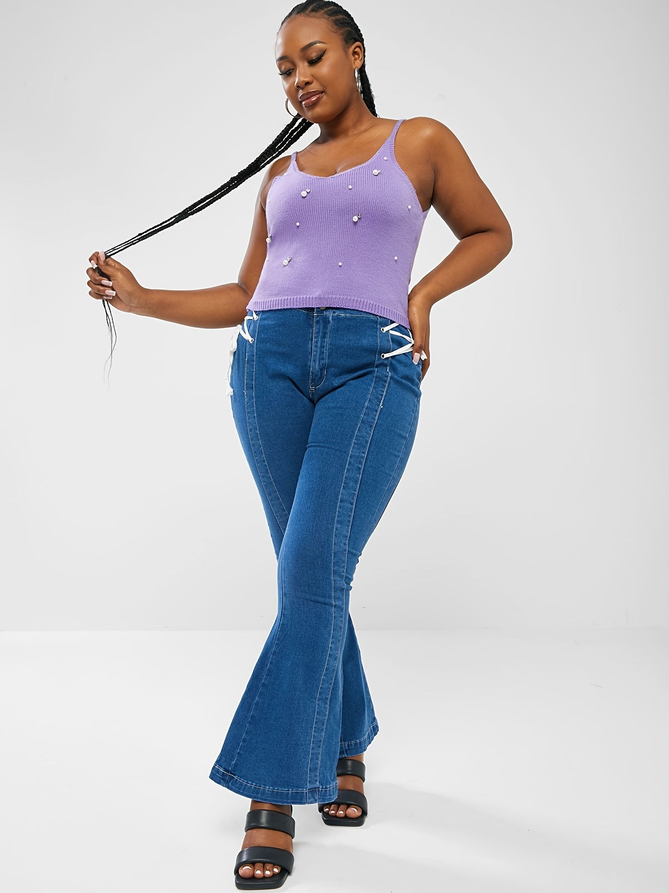  Faux Pearl Knit Cami Top Women's High Stretch V Neck Vest