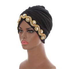 Rhinestone Decor Headwrap Pleated Turban Cap Bonnet Women