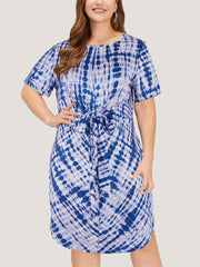  Tie Dye Short Sleeve Round Neck Belted Dress