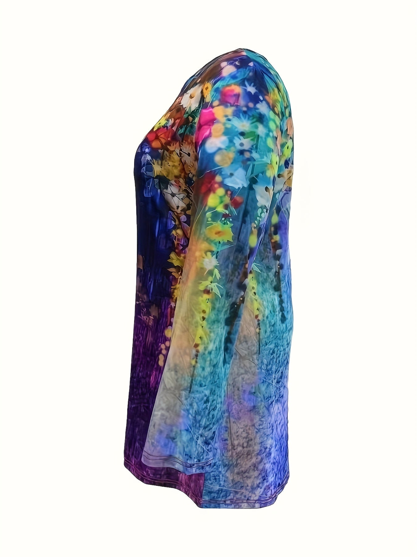  Floral Painting Print Long Sleeve Tee Dress