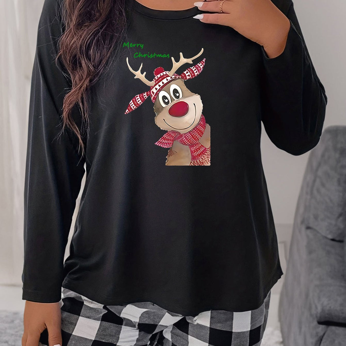  Elk Print Long Sleeve Round Neck Home Wear Tee