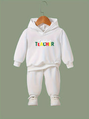 2pcs Colorful TEACHER Letter Hoodies Pants Set Spring Fall Sports Gift