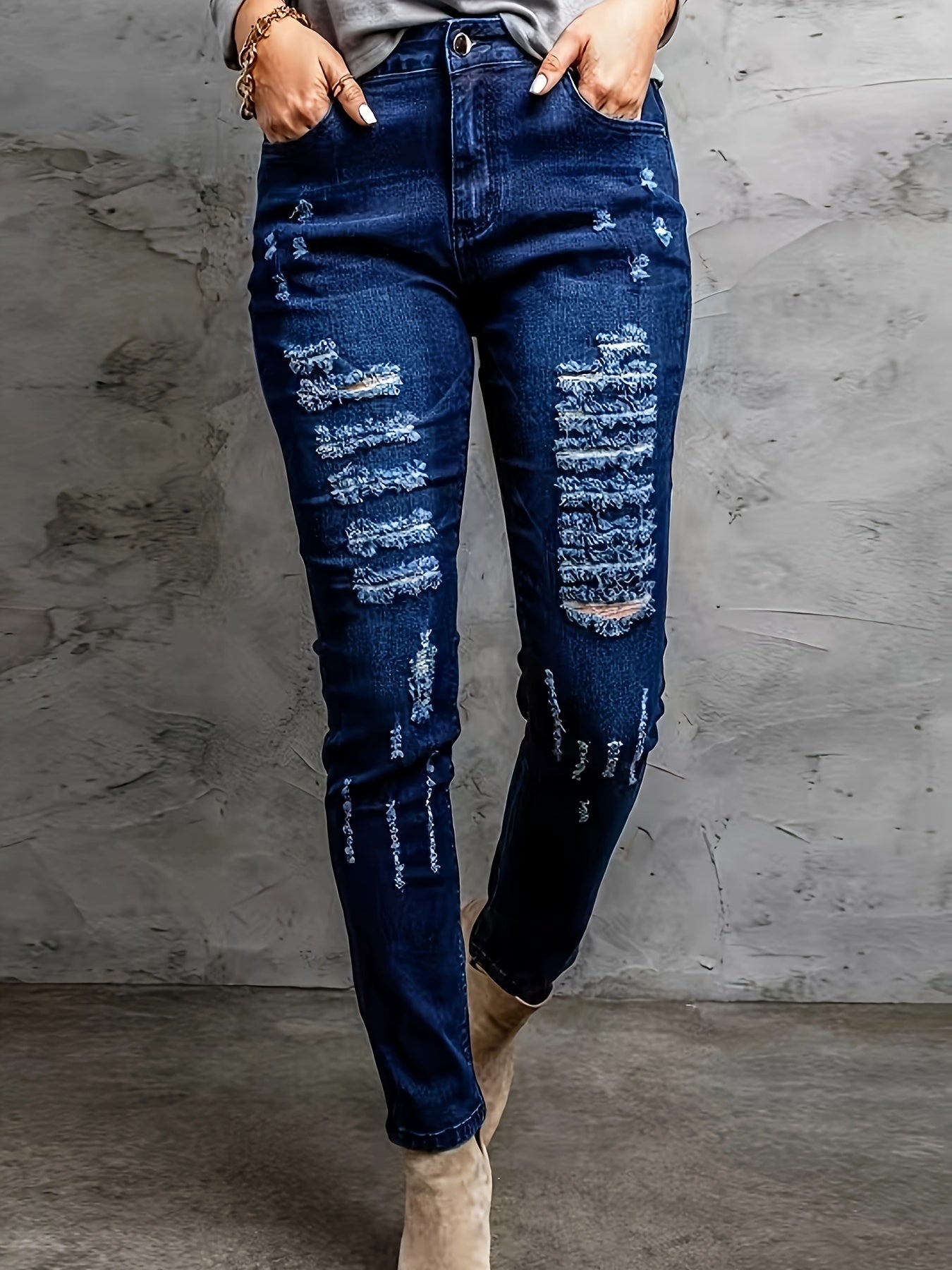  High Rise Skinny Jeans Washed Ripped Button Fly