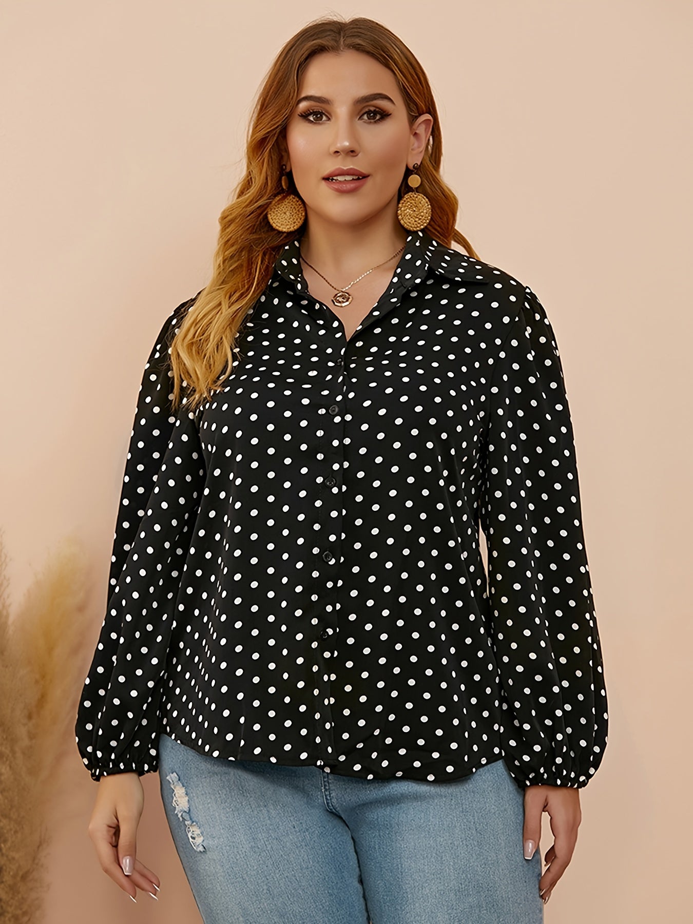  Polka Dot Print Lantern Sleeve Shirt