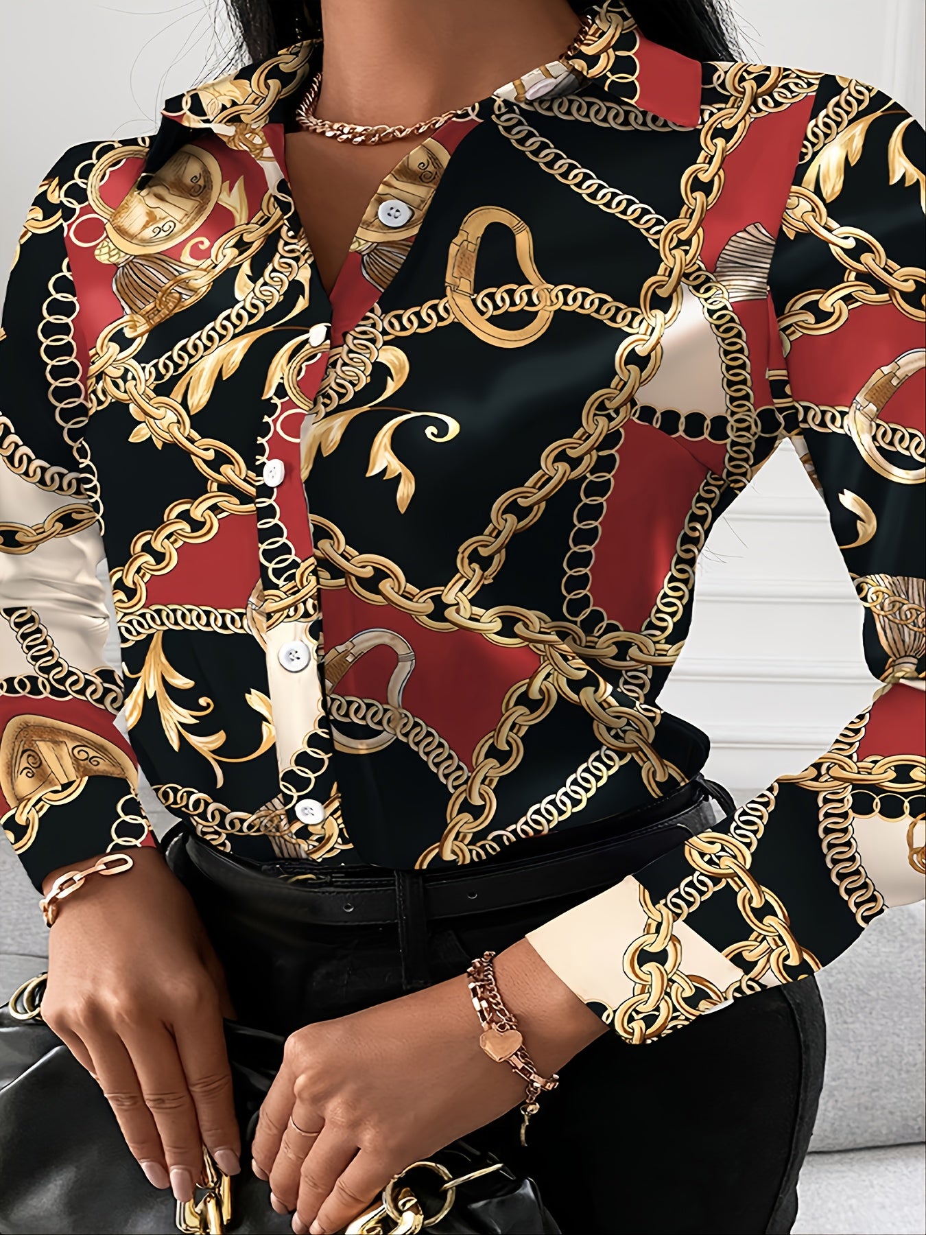  All Over Print Long Sleeve Blouse Women's Plus Casual Button Front