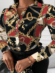  All Over Print Long Sleeve Blouse Women's Plus Casual Button Front