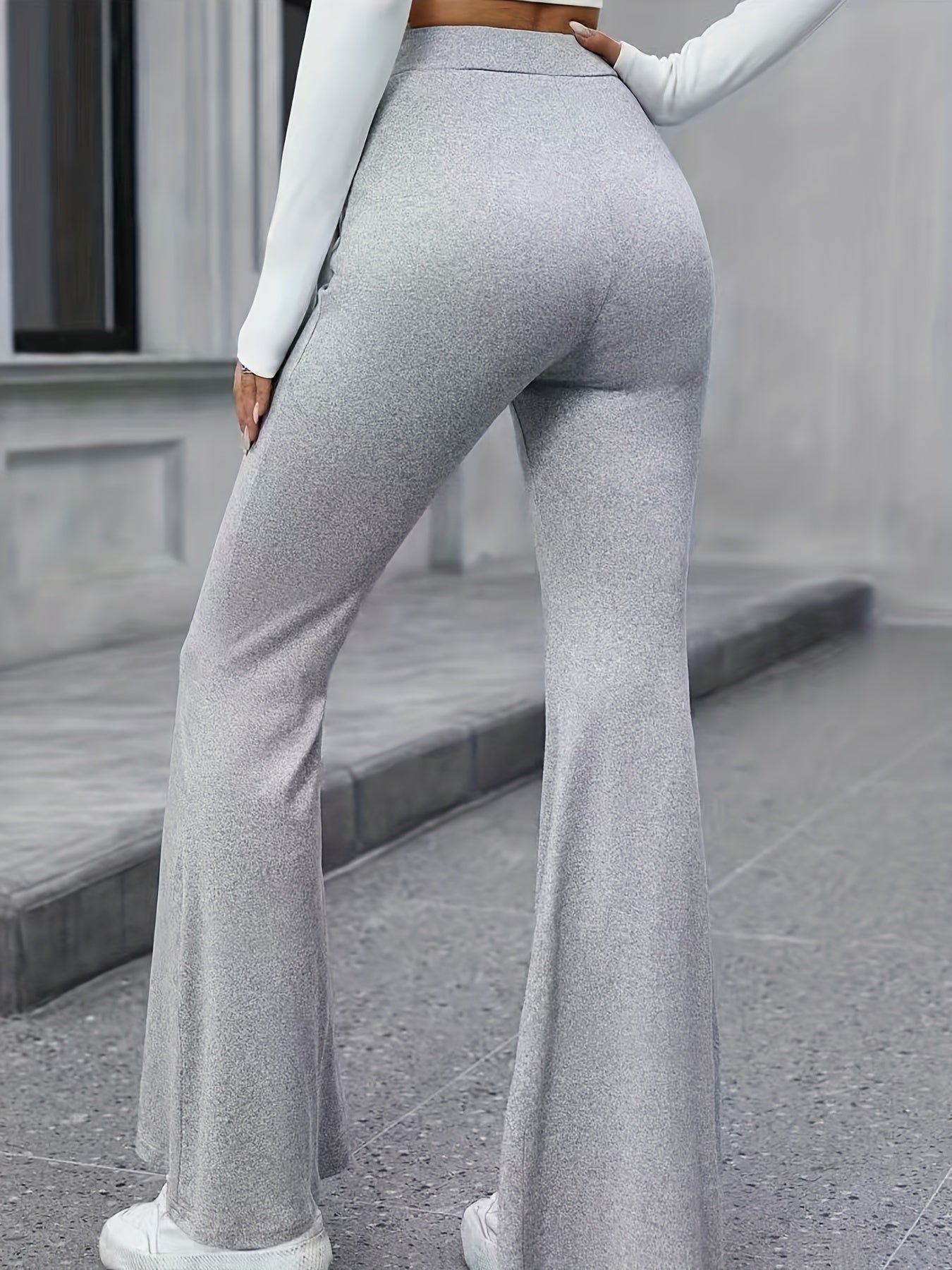  Solid High Rise Flared Leg Pants