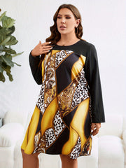 Colorblock Leopard Print Long Sleeve Tee Dress