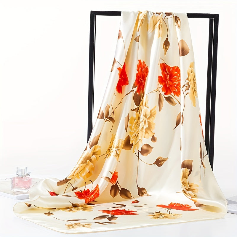 Flower Print Bandana Satin Hijab Silk Square Scarf Vintage Turban