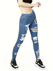  Ribbed Denim & Leopard Print Leggings