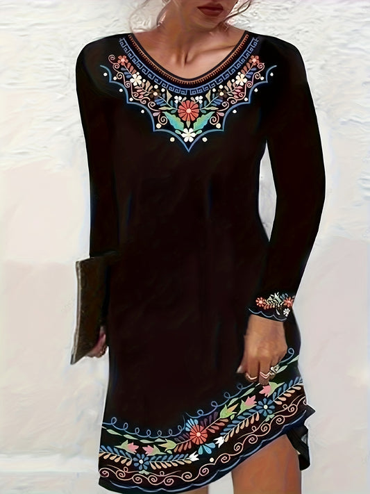  Border Floral Print Long Sleeve Round Neck Dress