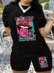  Colorblock Lip & Slogan Print 2 Piece Set