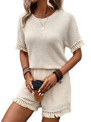 Waffle Tassel Two piece Set Crew Neck Short Sleeve Tops & Comfy Short Outfits