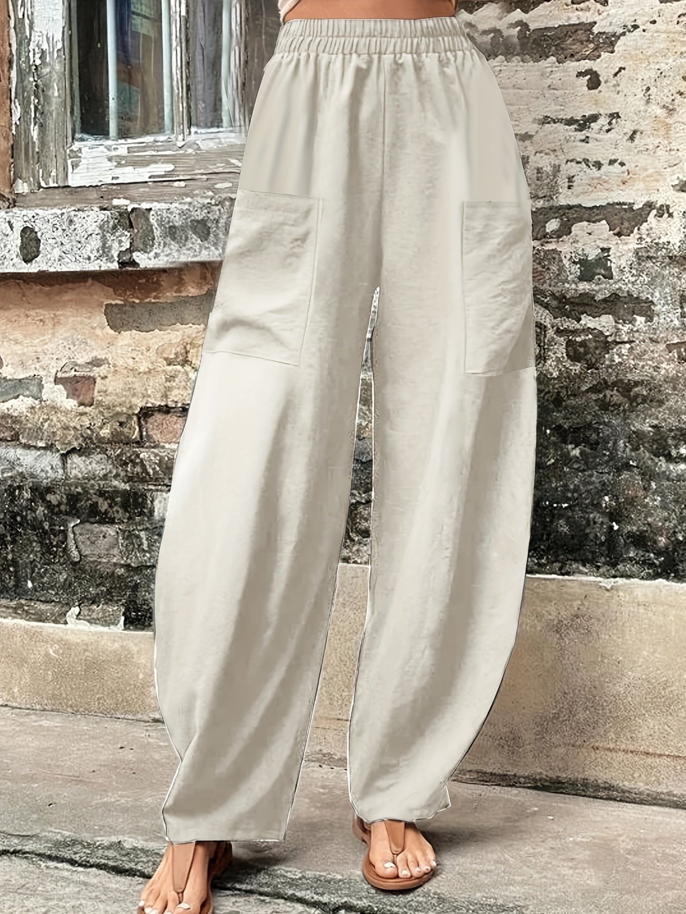  Solid High Rise Loose Pants With Pockets