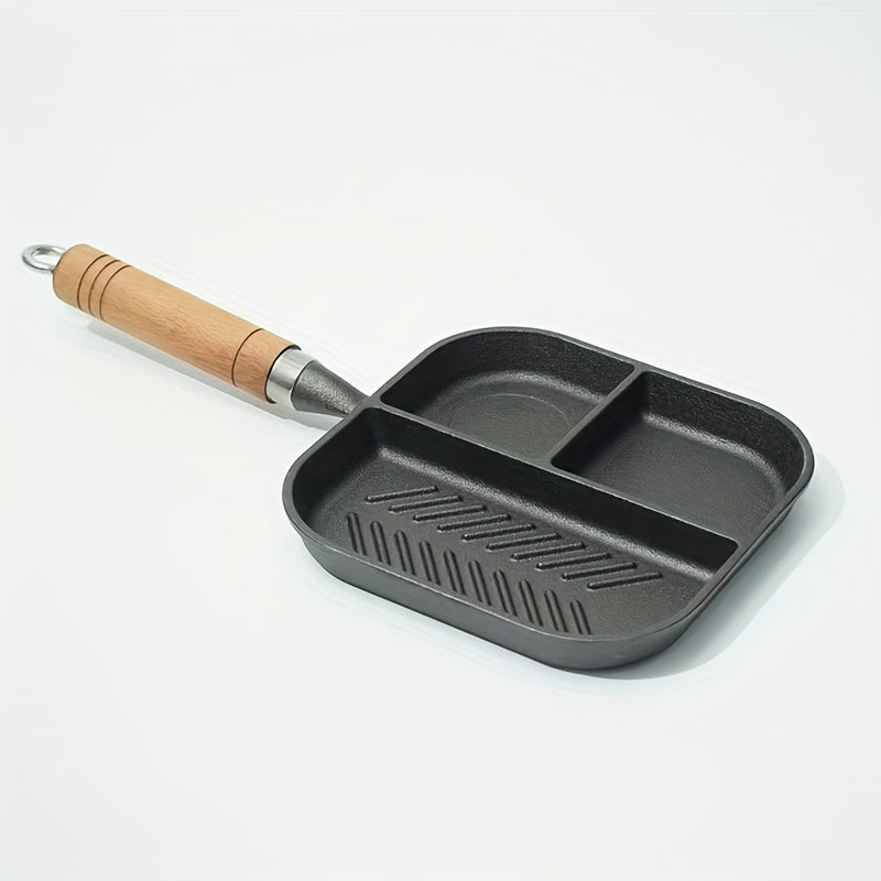 3-Section Cast Iron Frying Pan for Breakfast Grilling Hot Dogs Omelettes Steaks