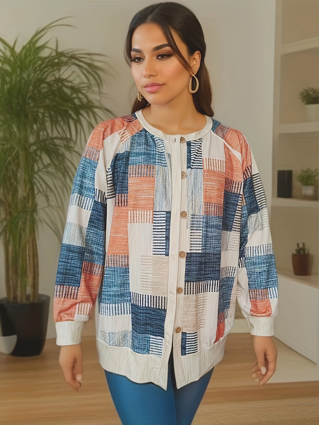  Patchwork Open Front Cardigan