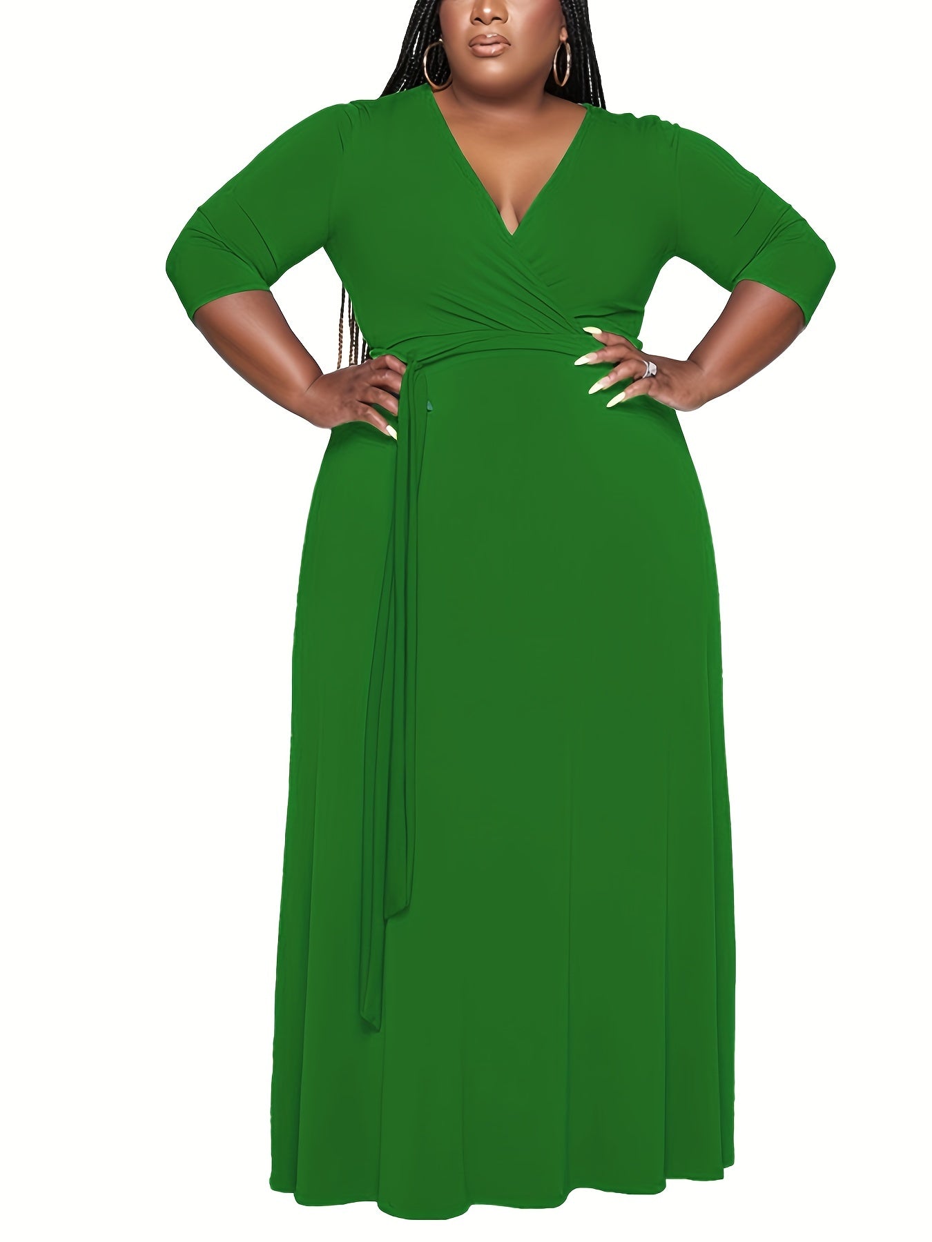 Women's Plus Solid Half Sleeve Maxi Dress With Belt