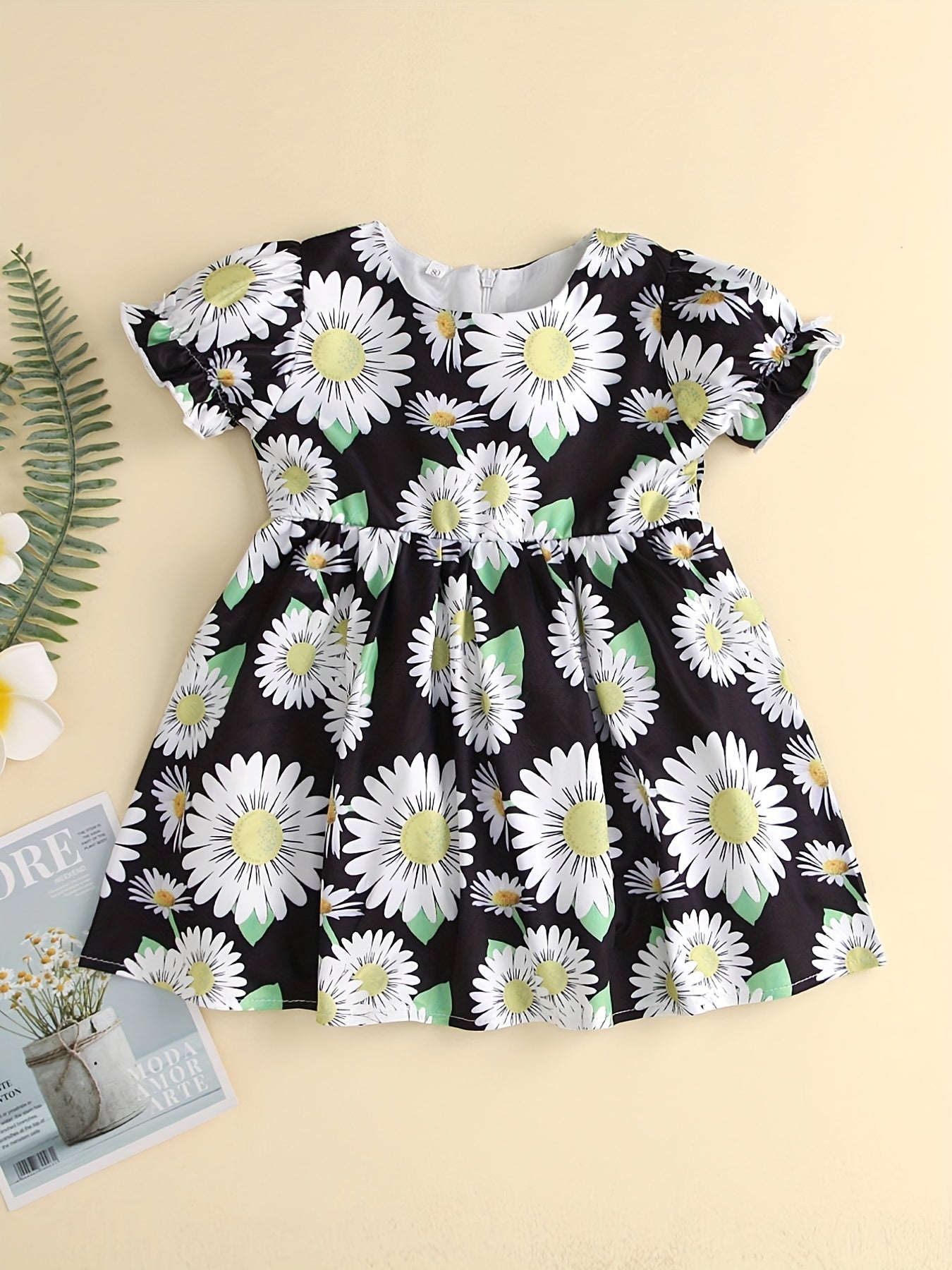 Girl's Flower Print Ruffle Short Sleeve Dress