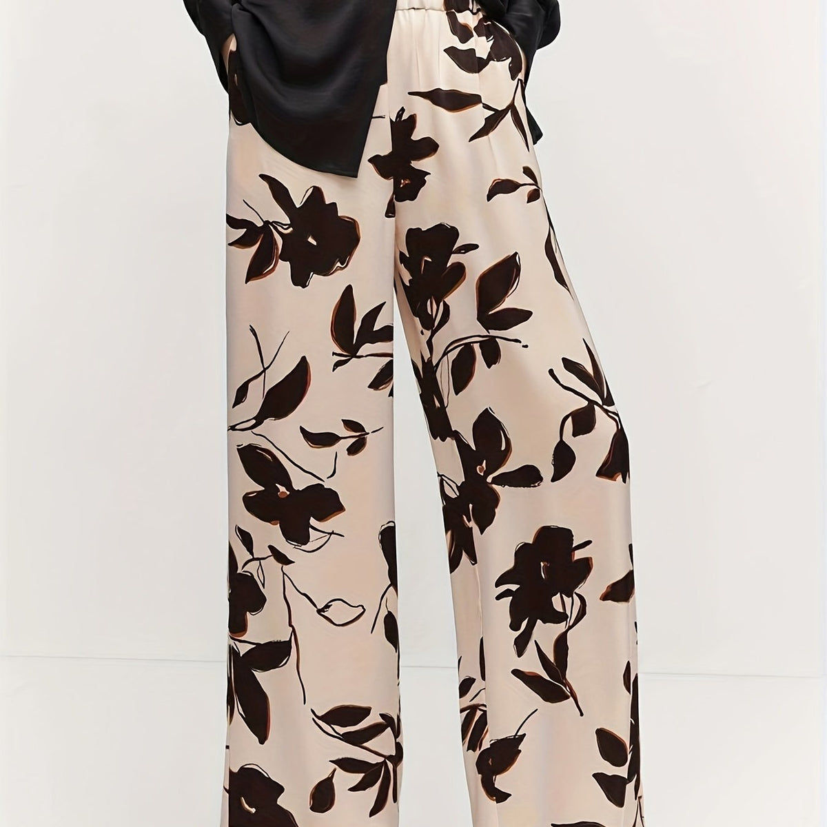  Floral Print Wide Leg Trousers With Pockets