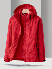 Women's Leaf Print Ski Jacket, Waterproof Soft Shell Hooded Snow Coat