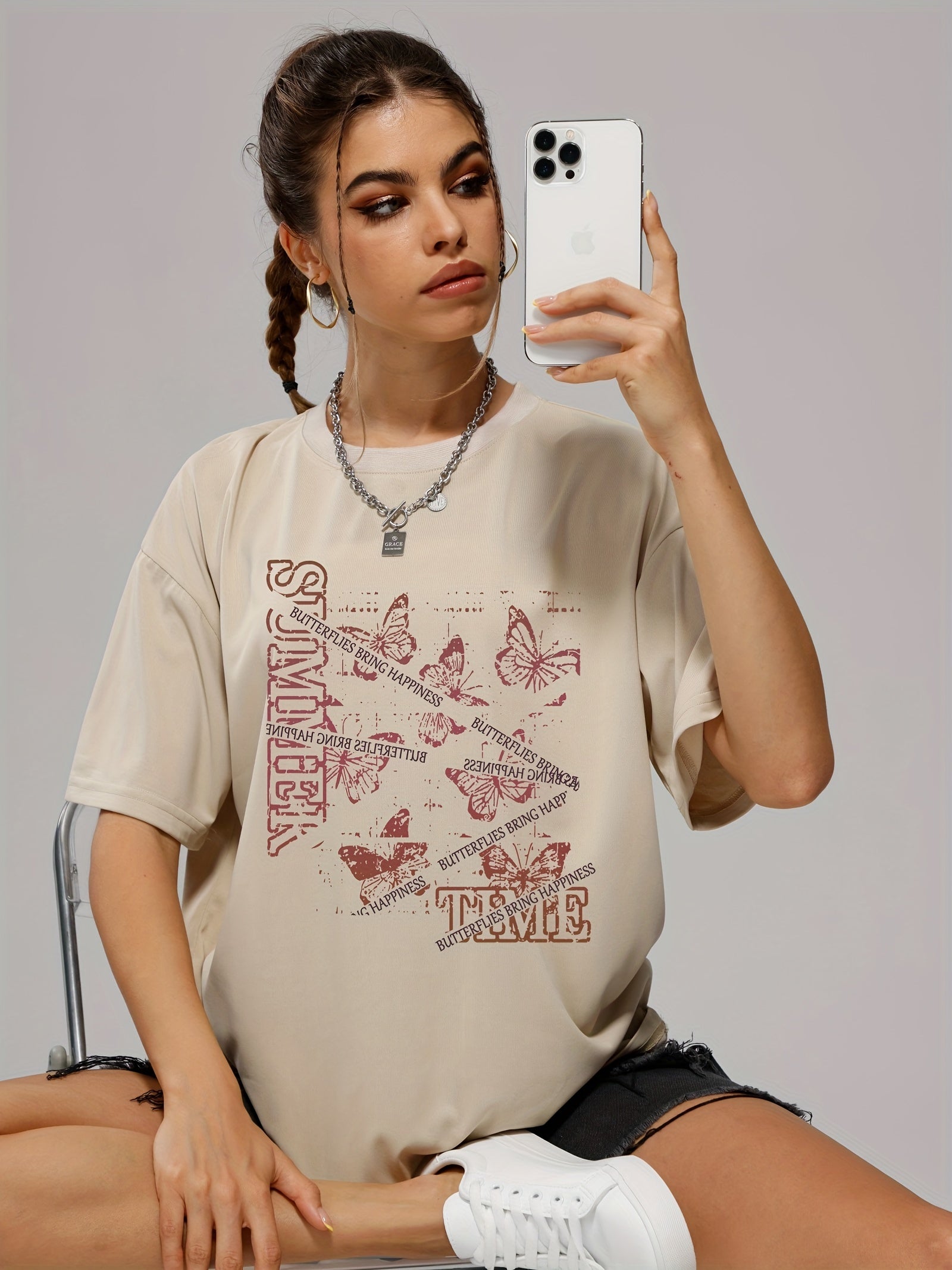 Butterfly Graphic Short Sleeve Sports Tee Women's Casual Workout T-shirts