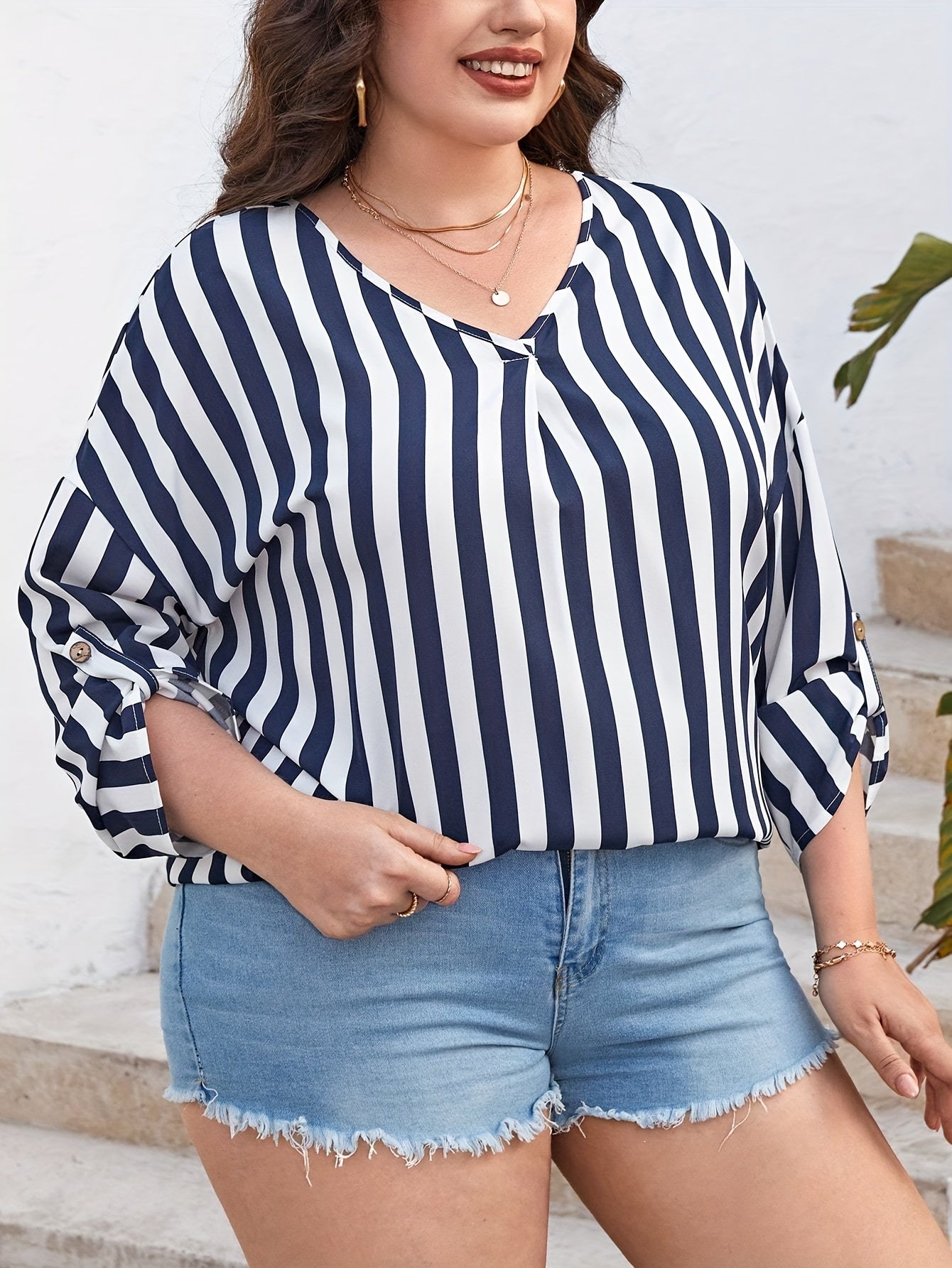  Stripe Print V Neck Blouse