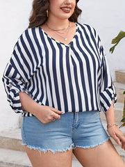  Stripe Print V Neck Blouse