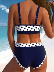  Boho Bikini Set Polka Dot Print Tie Front V Neck Bra & Pa