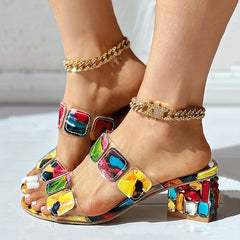 Women's Rhinestone Heeled Sandals Open Toe Chunky Heels