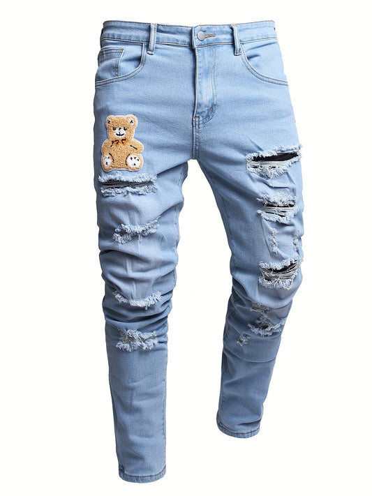 Men's Ripped Washed Slim Fit Jeans with Embroidered Bear Patch