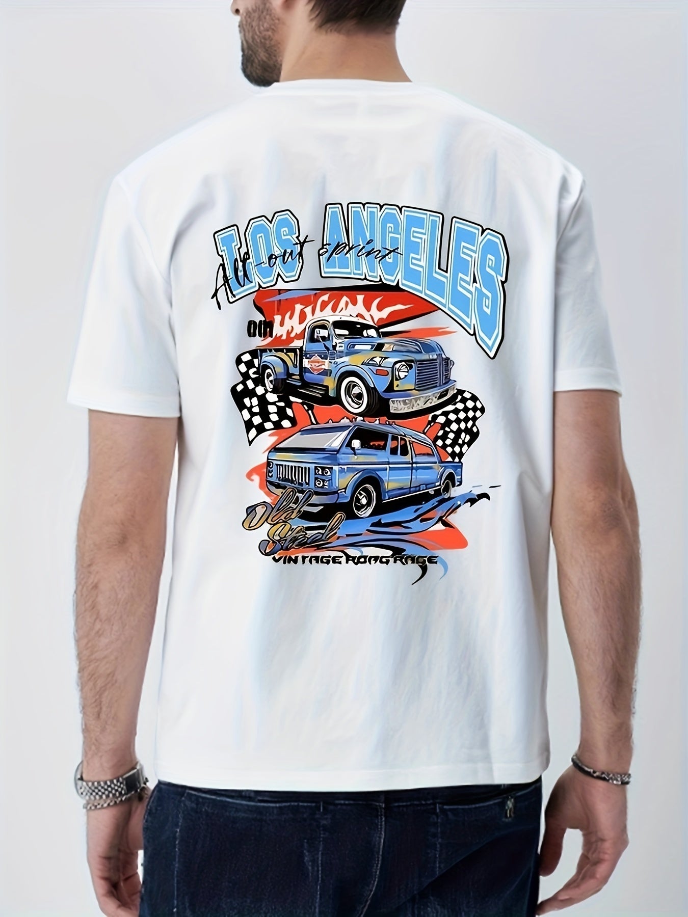 Cotton Retro Car Print Men's Graphic Crew Neck T shirt