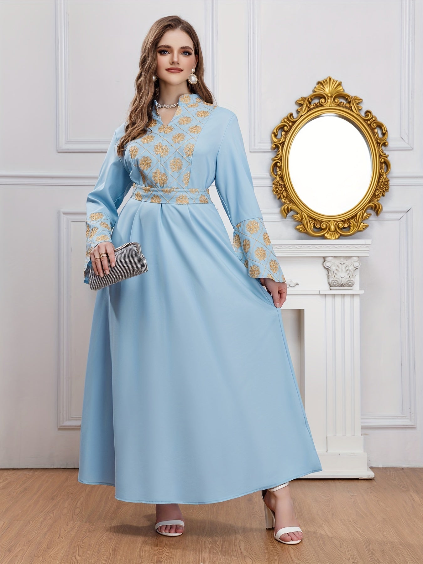  Abaya Dress Women's Plus Golden Floral Print Bell Sleeve Stand Collar