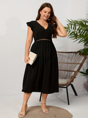 Plus Size V Neck Lace Ruffle Sleeve Stretch Dress