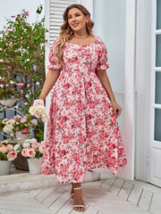 Floral Print Bubble Sleeve Sweetheart Neck Plus Size Dress