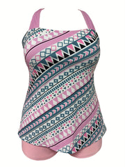  Geometric Print Tankini Set Square Neck Criss Cross Back