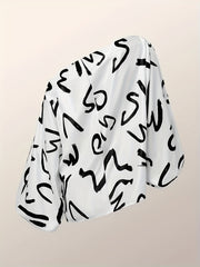  Graffiti Print One Shoulder Lantern Sleeve Top