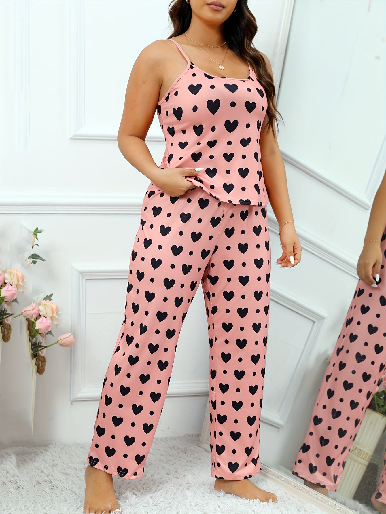  Heart & Dot Print Pajama Set - Camisole & Pants Lounge Set
