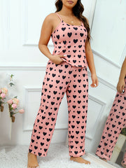  Heart & Dot Print Pajama Set - Camisole & Pants Lounge Set