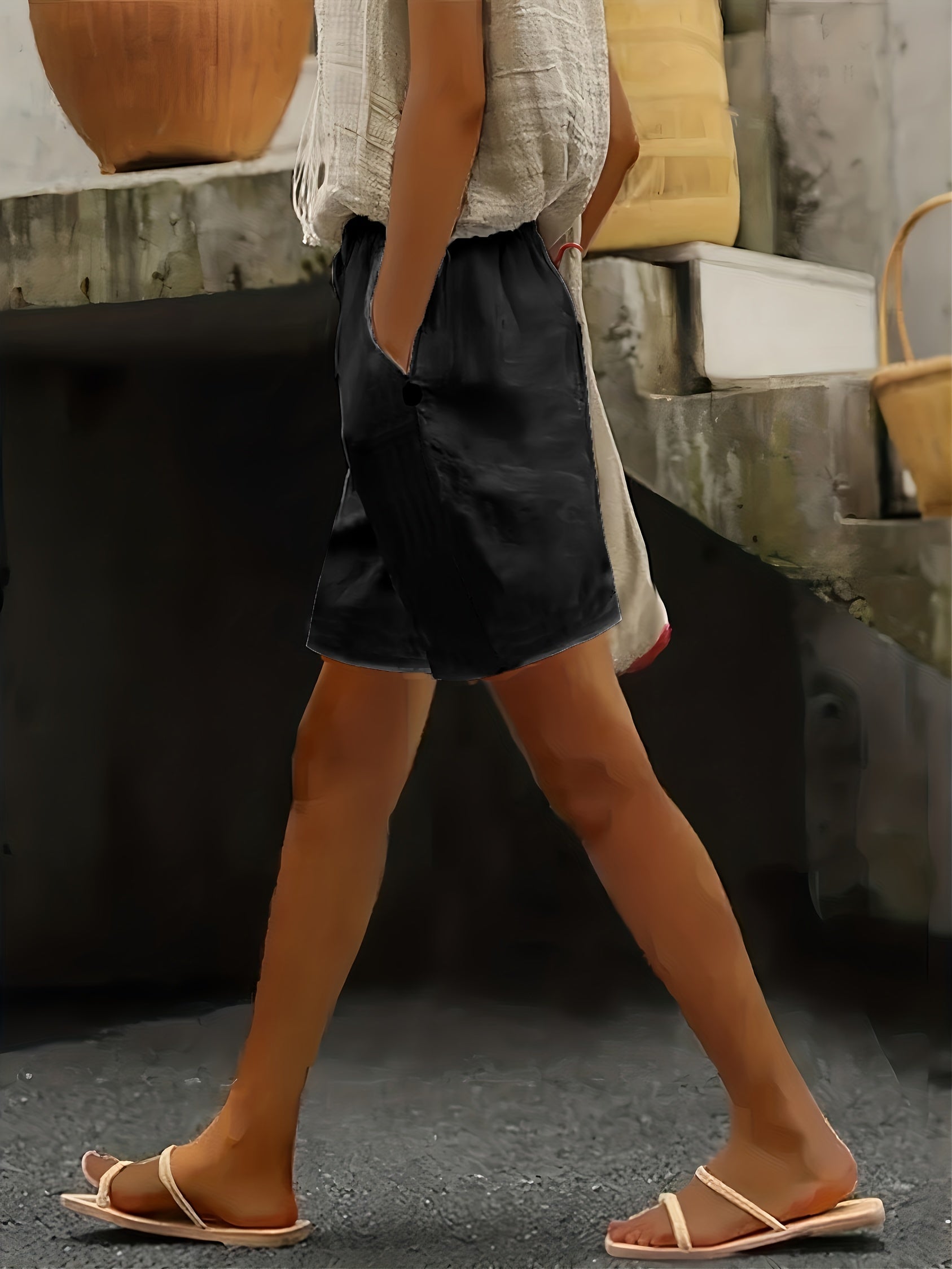  Solid Button Elastic Waist Shorts With Pockets