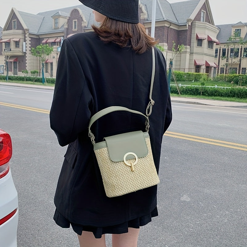 Straw Weaving Crossbody Bag Flap Slouchy Bucket Bag