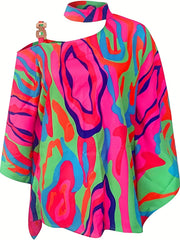  Colorblock Allover Print One Shoulder Blouse