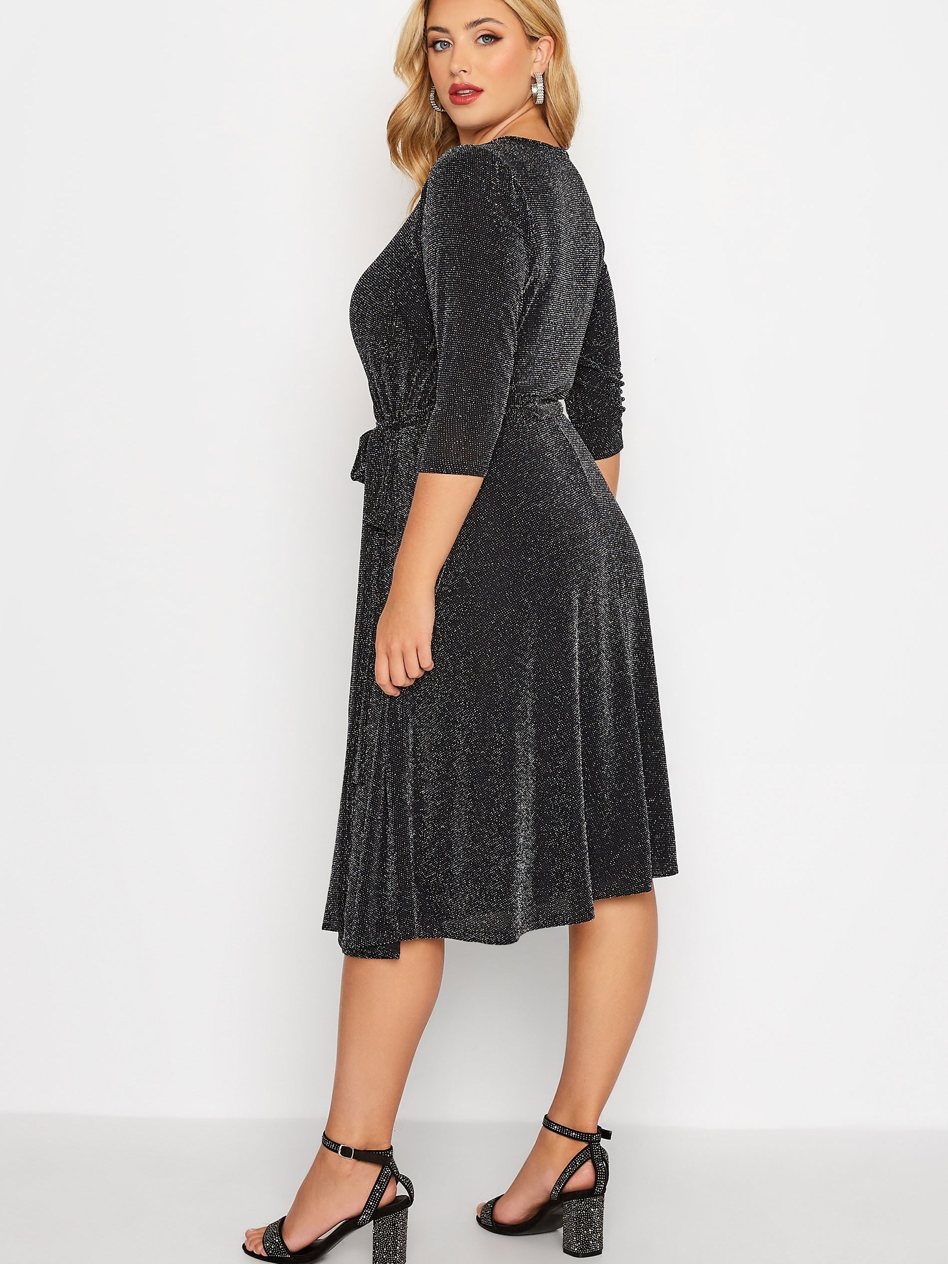 Sequin V Neck 3/4 Sleeve Midi Prom Dress Plus Size