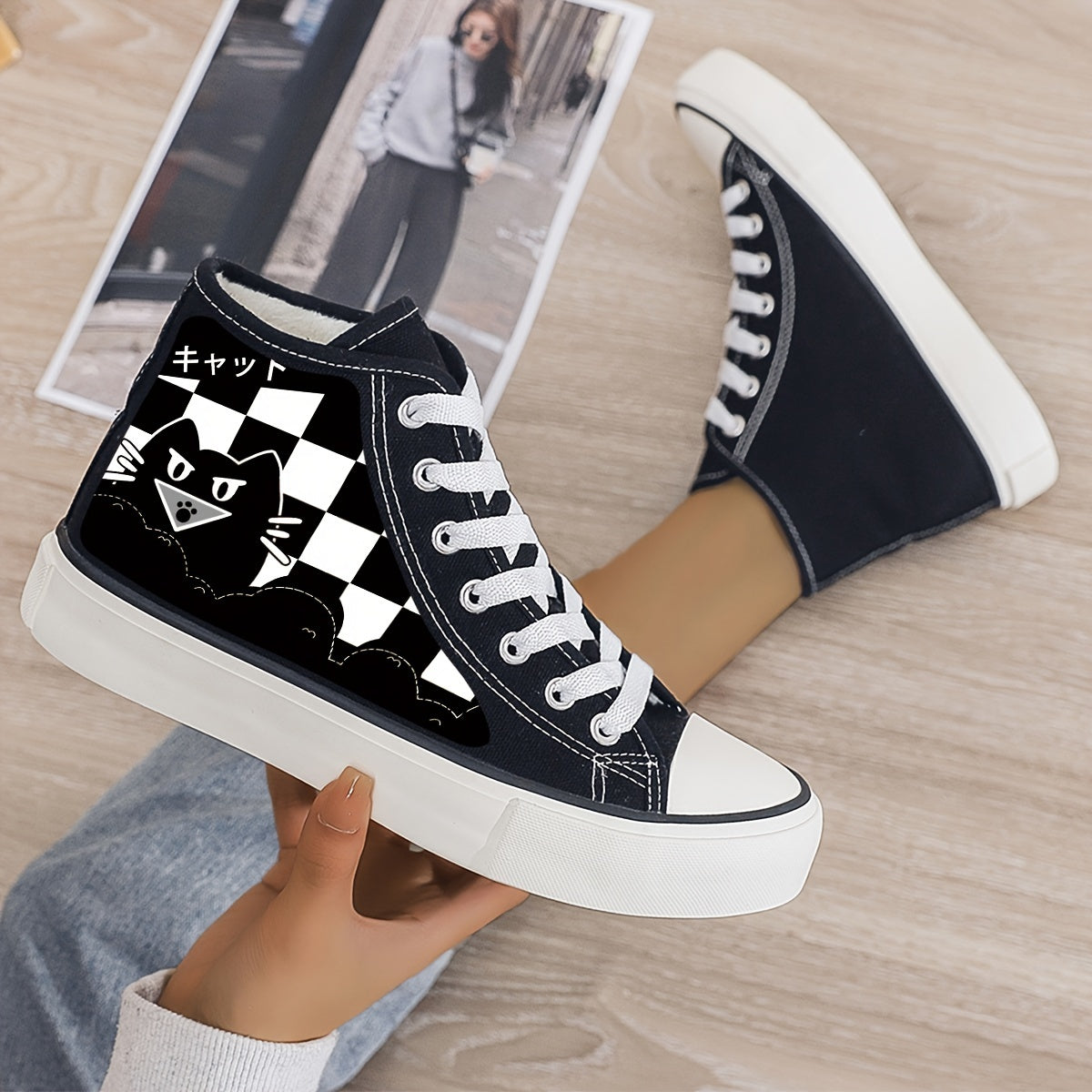 Cat Print Plush Lined Thermal Chunky Canvas Sneakers