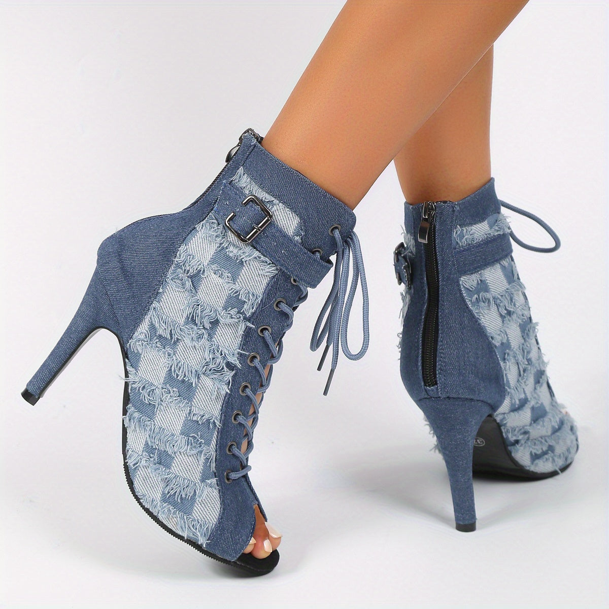 Women's Denim Plaid Stiletto Heels Peep Toe Pumps