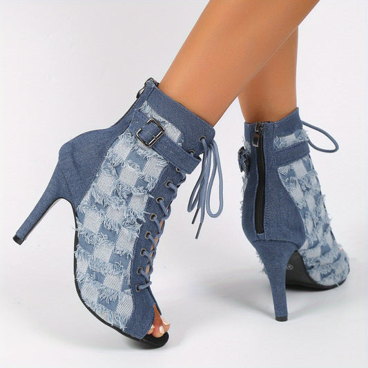Women's Denim Plaid Stiletto Heels Peep Toe Pumps