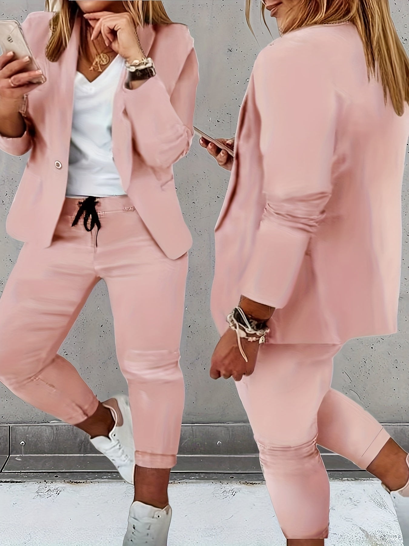  Casual Suit Set Women's Blazer & Drawstring Pants Suit