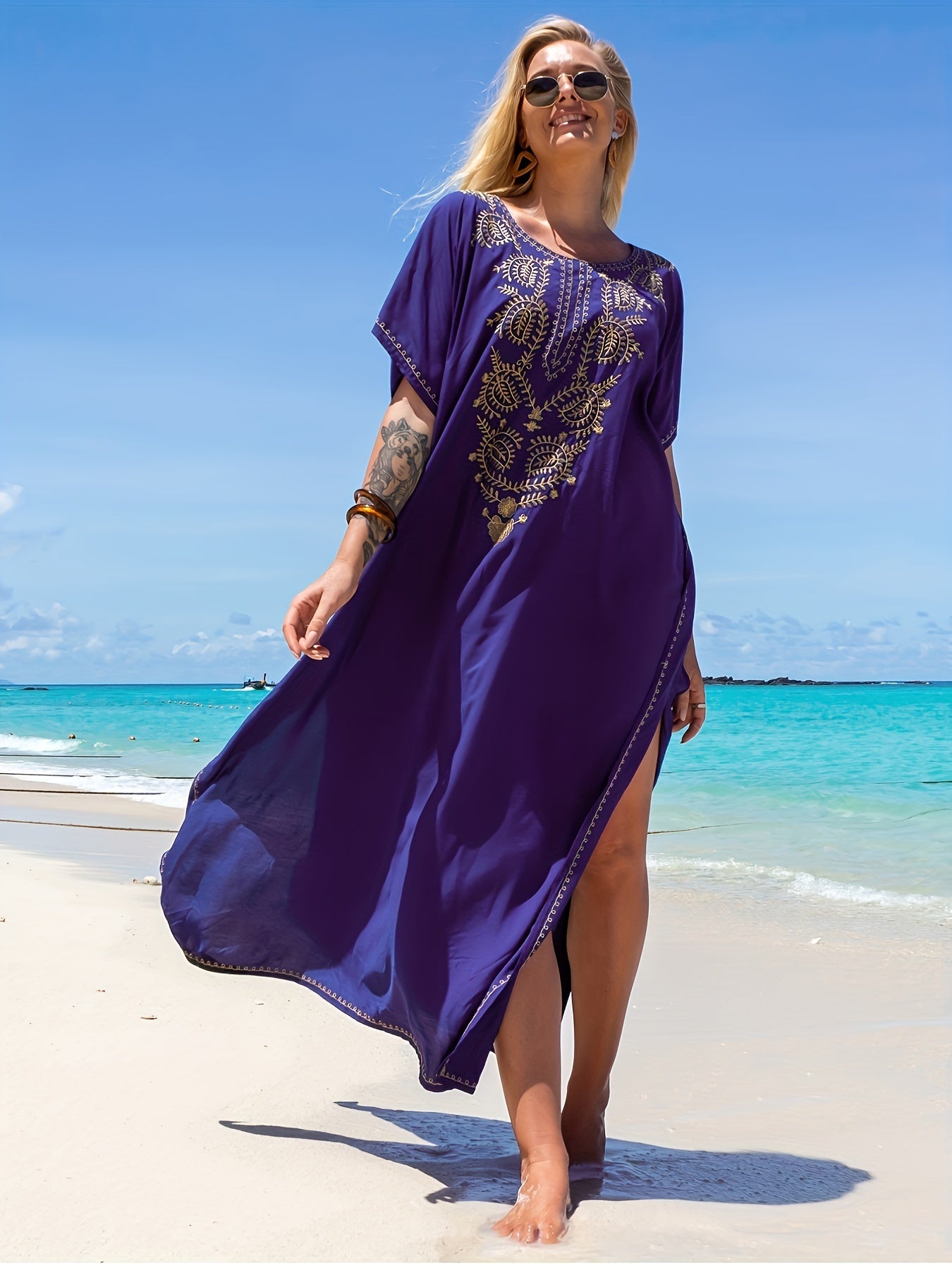 Women's Plus Size Boho Abaya Dress Embroidered V Neck Maxi Caftan Dress