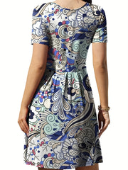  Floral Print Short Sleeve Boho Dress